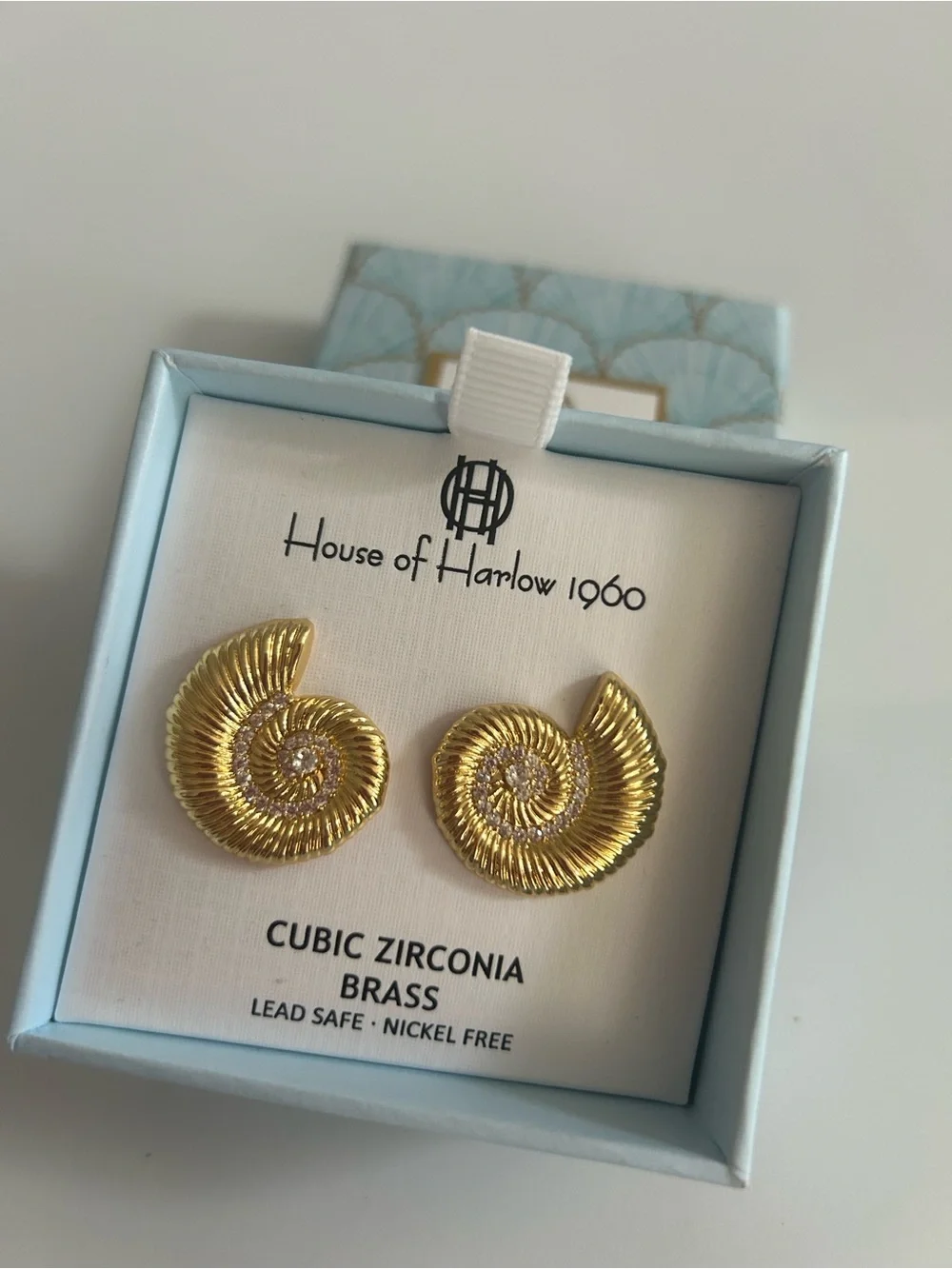 House of Harlow 1960 Cubic Zirconia Brass Shell Stud Earrings Gold NWT